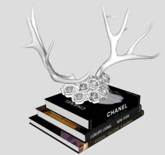 书本和白玫瑰鹿角装饰品SU模型下载_sketchup草图大师SKP模型