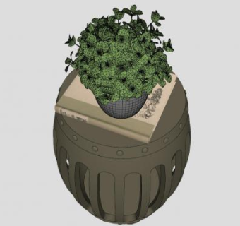 圆凳上的小花盆植物SU模型下载_sketchup草图大师SKP模型