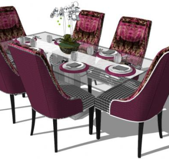 现代长方形玻璃餐桌椅SU模型下载_sketchup草图大师SKP模型