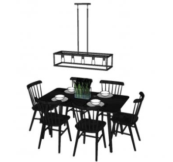 六人座餐桌椅家具和吊灯SU模型下载_sketchup草图大师SKP模型