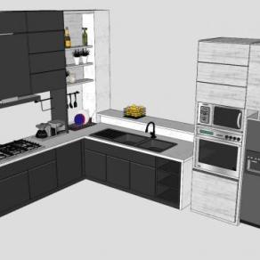 L型工业风厨房橱柜冰箱厨具SU模型下载_sketchup草图大师SKP模型