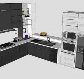 L型工业风厨房橱柜冰箱厨具SU模型下载_sketchup草图大师SKP模型