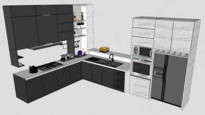 L型工业风厨房橱柜冰箱厨具SU模型下载_sketchup草图大师SKP模型