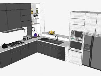 L型工业风厨房橱柜冰箱厨具SU模型下载_sketchup草图大师SKP模型