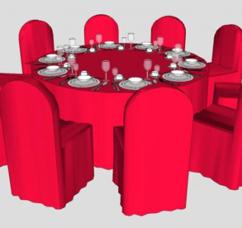 圆形红色餐桌酒席桌SU模型下载_sketchup草图大师SKP模型