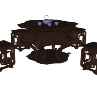 中式茶几木凳家具SU模型下载_sketchup草图大师SKP模型