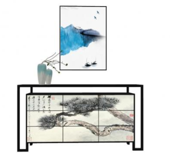 中式边柜挂画装饰SU模型下载_sketchup草图大师SKP模型