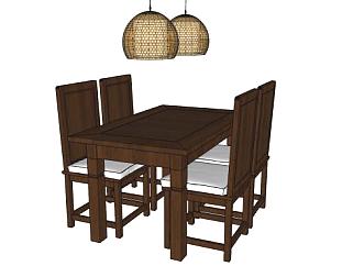 木质餐桌椅家具小吊灯SU模型下载_sketchup草图大师SKP模型