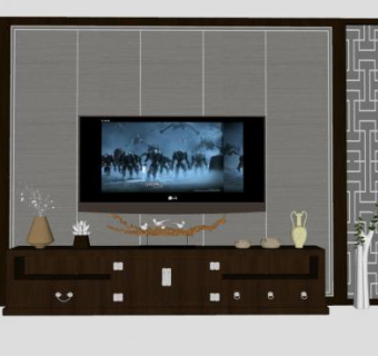 新中式电视背景墙SU模型下载_sketchup草图大师SKP模型