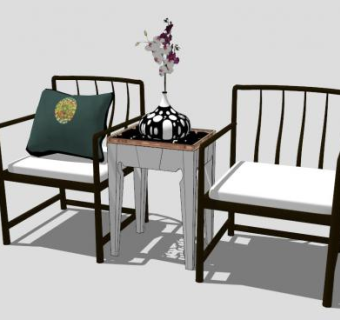 中式简约单人椅一对SU模型下载_sketchup草图大师SKP模型