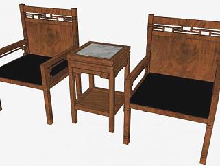 中式木质单人椅一对SU模型下载_sketchup草图大师SKP模型