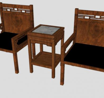 中式木质单人椅一对SU模型下载_sketchup草图大师SKP模型