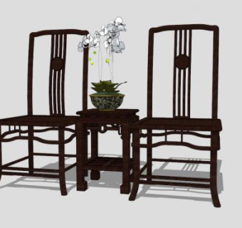 古典中式木质单人椅一对SU模型下载_sketchup草图大师SKP模型