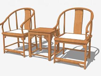 中式古典木质单人扶手椅一对SU模型下载_sketchup草图...