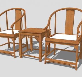 中式古典木质单人扶手椅一对SU模型下载_sketchup草图大师SKP模型