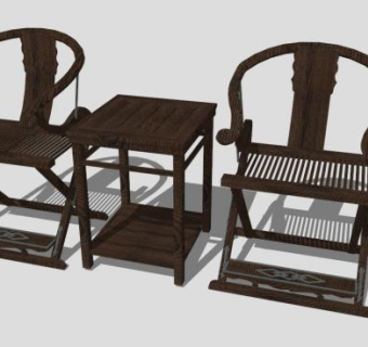 仿古中式单人扶手椅一对SU模型下载_sketchup草图大师SKP模型