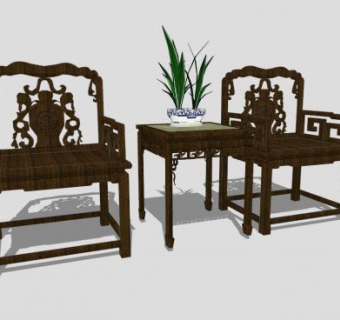 复古中式单人扶手椅一对SU模型下载_sketchup草图大师SKP模型