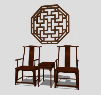 中式古典实木单人扶手椅一对SU模型下载_sketchup草图大师SKP模型