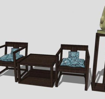 古典中式实木单人椅子一对SU模型下载_sketchup草图大师SKP模型