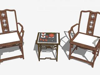 复古中式休闲实木单人椅一对SU模型下载_sketchup草图大师SKP模型
