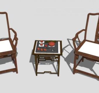 复古中式休闲实木单人椅一对SU模型下载_sketchup草图大师SKP模型