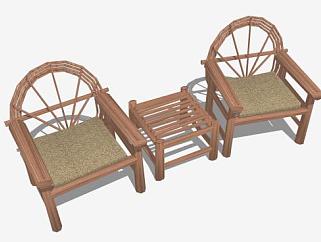 中式木质单人扶手椅一对SU模型下载_sketchup草图大师SKP模型