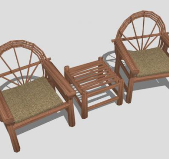 中式木质单人扶手椅一对SU模型下载_sketchup草图大师SKP模型