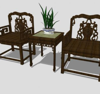 复古中式创意单人椅一对SU模型下载_sketchup草图大师SKP模型