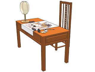 中式书桌椅木制家具桌灯笔墨纸砚SU模型下载_sketchup草图大师SKP模型