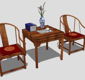 中式仿古木质单人扶手椅一对SU模型下载_sketchup草图大师SKP模型