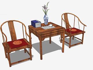 中式仿古木质单人扶手椅一对SU模型下载_sketchup草图大师SKP模型