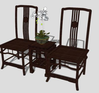 中式古朴木质单人扶手椅一对SU模型下载_sketchup草图大师SKP模型