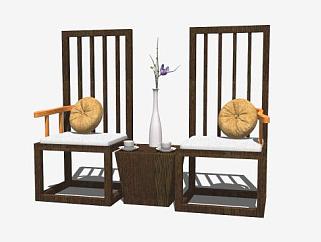 仿古中式创意木质单人扶手椅一对SU模型下载_sketchup...