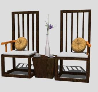 仿古中式创意木质单人扶手椅一对SU模型下载_sketchup草图大师SKP模型