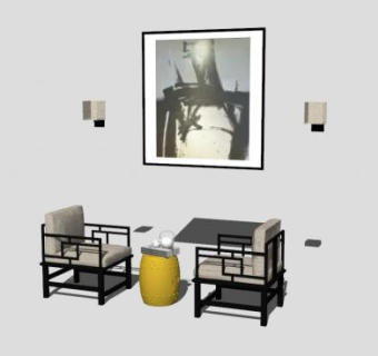 现代新中式创意实木扶手椅一对SU模型下载_sketchup草图大师SKP模型