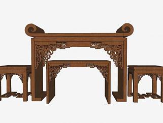 中式家具木桌椅SU模型下载_sketchup草图大师SKP模型