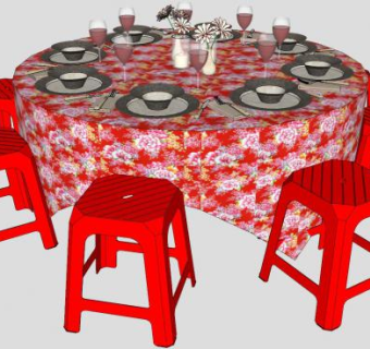 农村酒席圆桌凳子SU模型下载_sketchup草图大师SKP模型