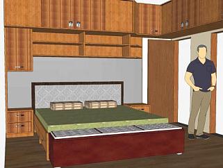 卧室木质床铺壁柜SU模型下载_sketchup草图大师SKP模型