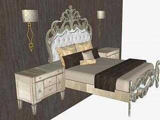 欧式双人床床铺带壁灯和床头柜SU模型下载_sketchup草图大师SKP模型