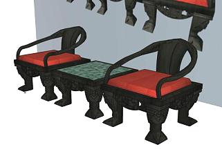 中式复古座椅小方桌SU模型下载_sketchup草图大师SKP模型