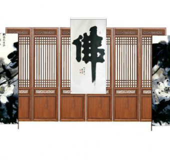 中式水墨画隔断门SU模型下载_sketchup草图大师SKP模型