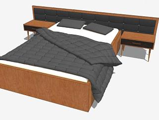 现代北欧风实木双人床和床头柜SU模型下载_sketchup草图大师SKP模型