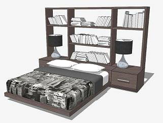 北欧现代实木风格双人床和床头书柜SU模型下载_sketchup草图大师SKP模型