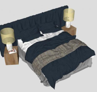 简约北欧双人床和实木床头柜SU模型下载_sketchup草图大师SKP模型
