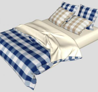 蓝色格纹北欧卧室双人床SU模型下载_sketchup草图大师SKP模型