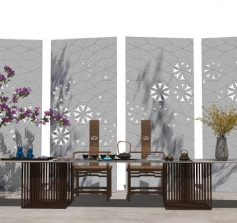 中式屏风隔断和中式双人茶桌茶具SU模型下载_sketchup草图大师SKP模型