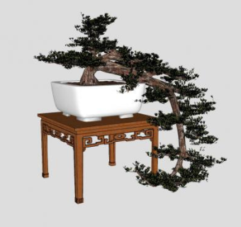 迎客松中式花盆盆栽植物SU模型下载_sketchup草图大师SKP模型