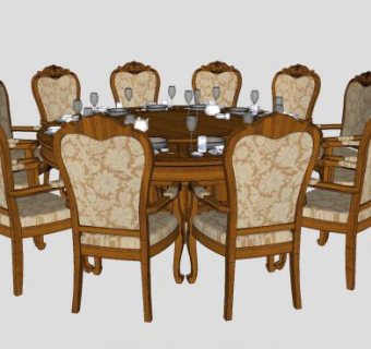 欧式火锅圆桌转桌餐桌椅SU模型下载_sketchup草图大师SKP模型