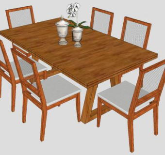 木制六人餐桌椅家具SU模型下载_sketchup草图大师SKP模型