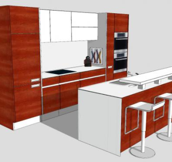 现代厨房壁柜吧台座椅SU模型下载_sketchup草图大师SKP模型
